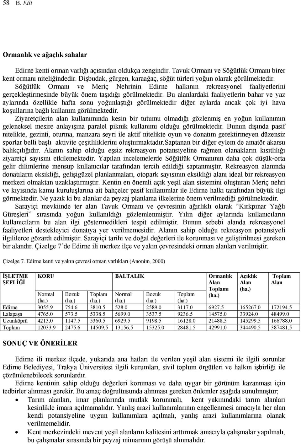 Söğütlük Ormanı ve Meriç Nehrinin Edirne halkının rekreasyonel faaliyetlerini gerçekleştirmesinde büyük önem taşıdığı görülmektedir.