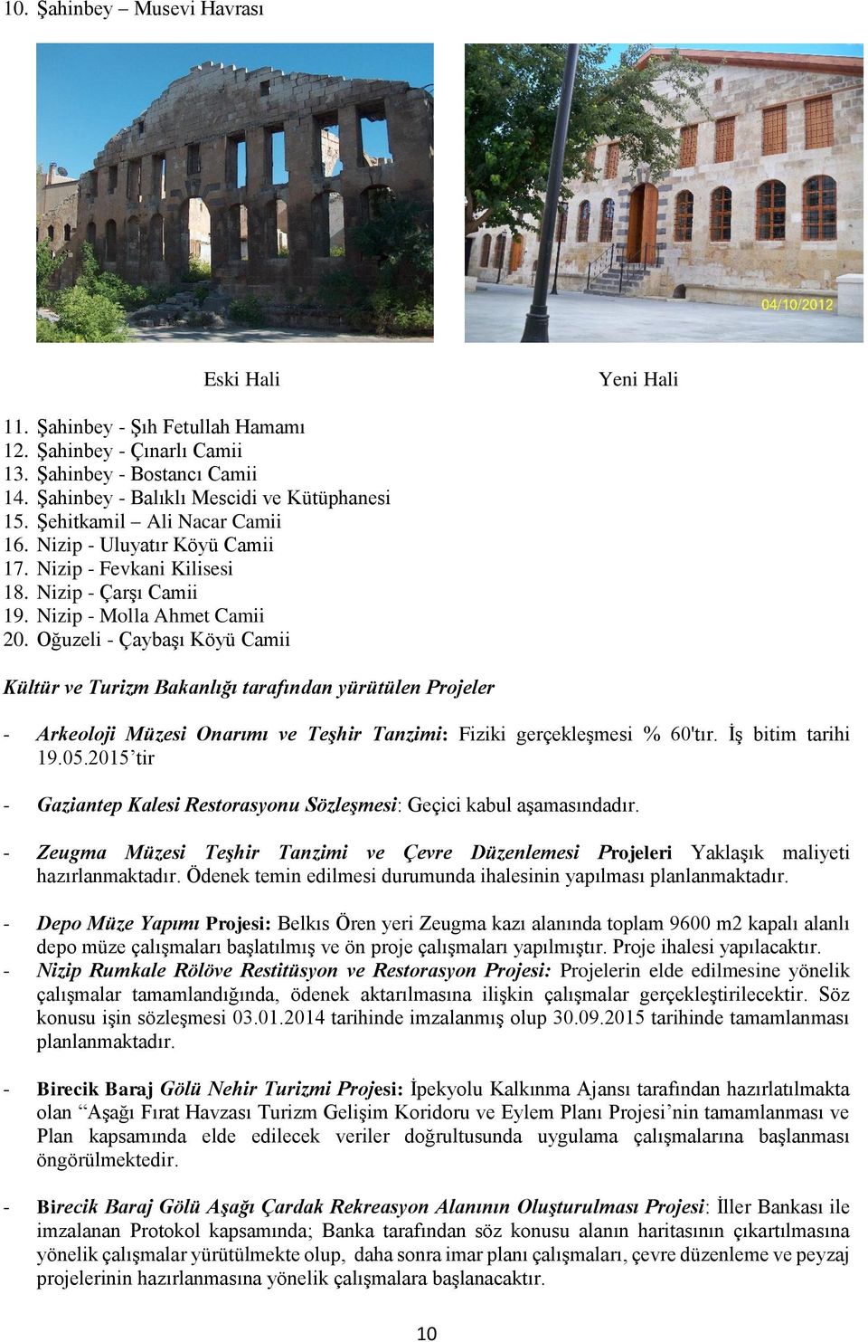 Oğuzeli - Çaybaşı Köyü Camii Kültür ve Turizm Bakanlığı tarafından yürütülen Projeler - Arkeoloji Müzesi Onarımı ve Teşhir Tanzimi: Fiziki gerçekleşmesi % 60'tır. İş bitim tarihi 19.05.