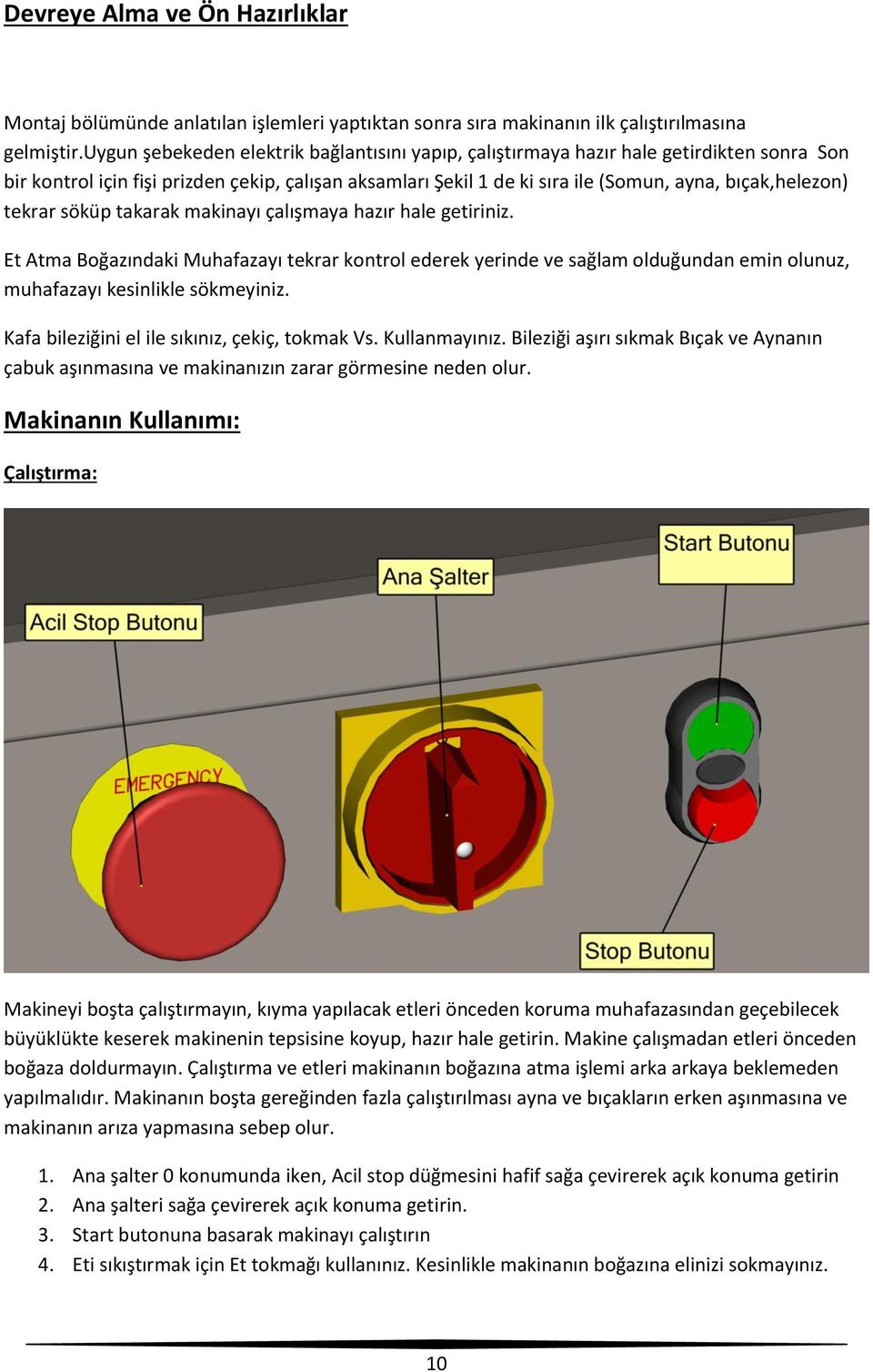 tekrar söküp takarak makinayı çalışmaya hazır hale getiriniz. Et Atma Boğazındaki Muhafazayı tekrar kontrol ederek yerinde ve sağlam olduğundan emin olunuz, muhafazayı kesinlikle sökmeyiniz.