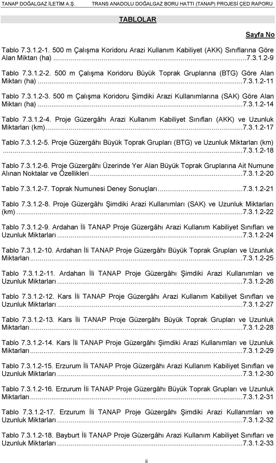 3.1.2-4. Proje Güzergâhı Arazi Kullanım Kabiliyet Sınıfları (AKK) ve Uzunluk Miktarları (km)... 7.3.1.2-17 Tablo 7.3.1.2-5. Proje Güzergâhı Büyük Toprak Grupları (BTG) ve Uzunluk Miktarları (km)... 7.3.1.2-18 Tablo 7.