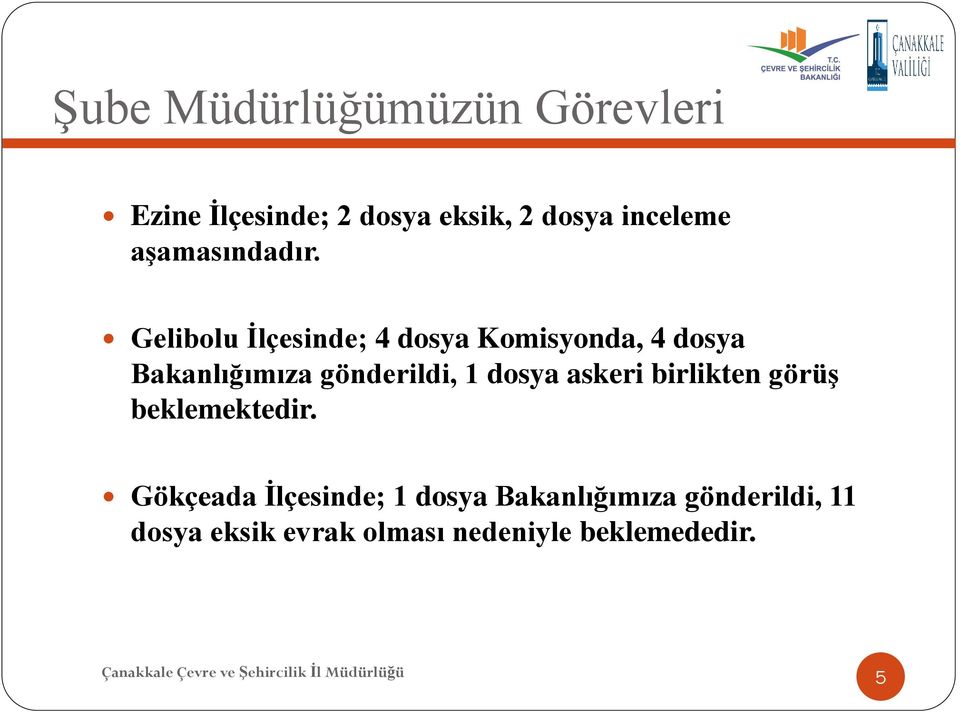 Gelibolu İlçesinde; 4 dosya Komisyonda, 4 dosya Bakanlığımıza gönderildi, 1