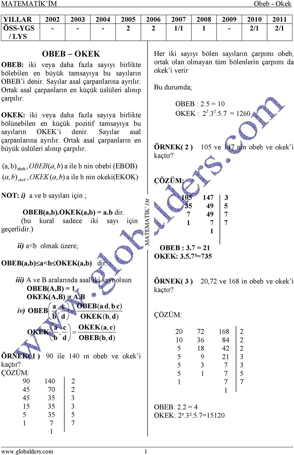 Sayılar asal çarpanlarına ayrılır Ortak asal çarpanların en büyük üslüleri alınıp çarpılır (a, b) obeb, OBEB( a, b) a ile b nin obebi (EBOB) ( a, b) okek, OKEK( a, b) a ile b nin okeki(ekok) Her iki