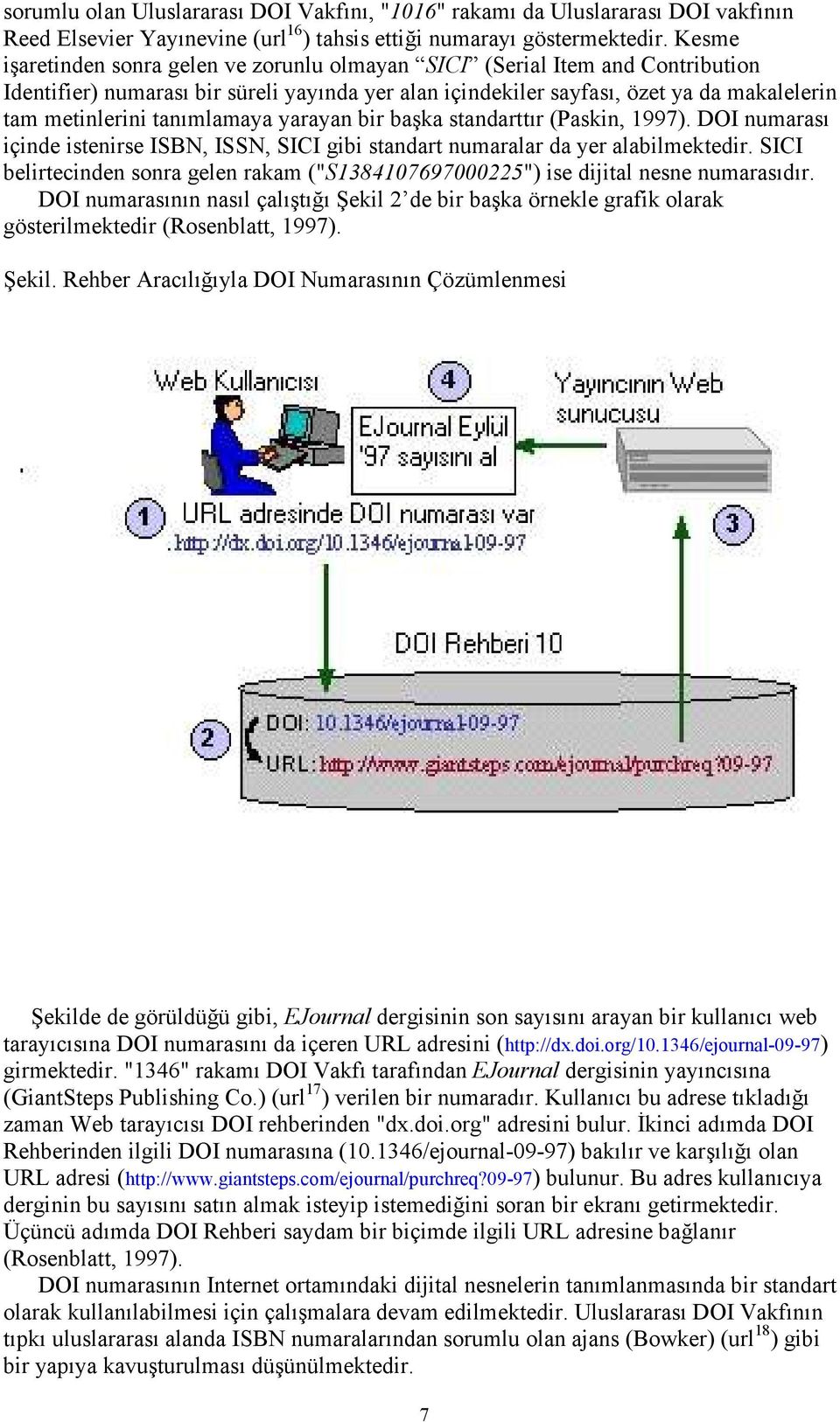 tanımlamaya yarayan bir başka standarttır (Paskin, 1997). DOI numarası içinde istenirse ISBN, ISSN, SICI gibi standart numaralar da yer alabilmektedir.