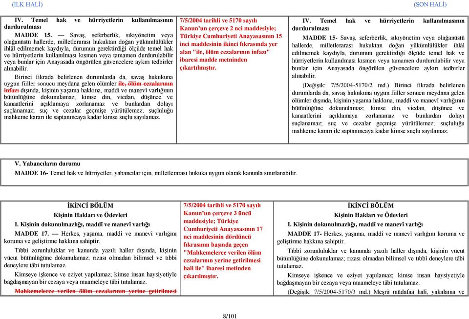 kısmen veya tamamen durdurulabilir veya bunlar için Anayasada öngörülen güvencelere aykırı tedbirler alınabilir.