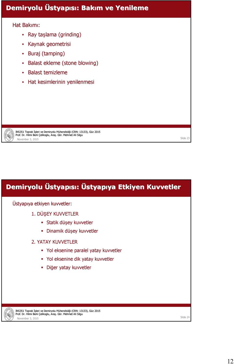 Etkiyen Kuvvetler Üstyapıya etkiyen kuvvetler: 1. DÜŞEY KUVVETLER Statik düşey kuvvetler Dinamik düşey kuvvetler 2.