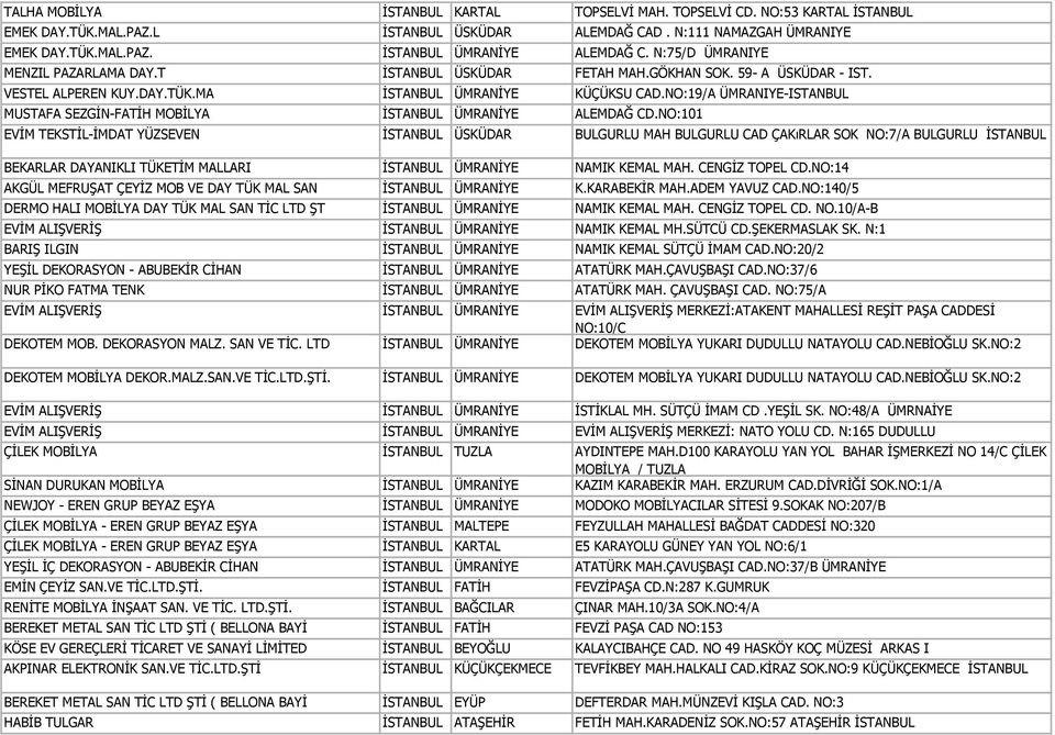 NO:19/ ÜMRNIYE-ISTNBUL MUSTF SEZGİN-FTİH MOBİLY İSTNBUL ÜMRNİYE LEMDĞ CD.