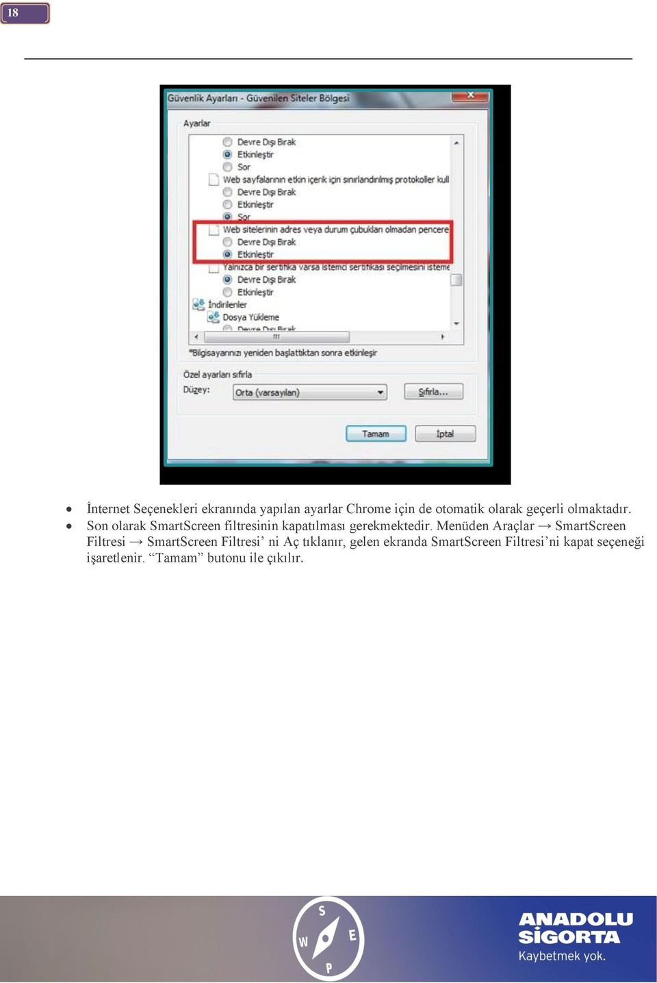 Menüden Araçlar SmartScreen Filtresi SmartScreen Filtresi ni Aç tıklanır, gelen