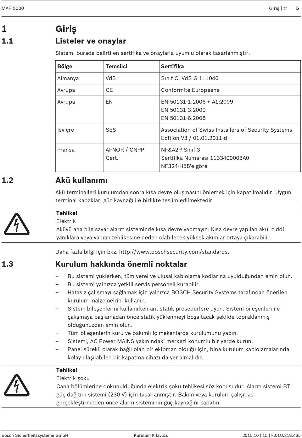 Installers of Security Systems Edition V3 / 01.01.2011-d Fransa AFNOR / CNPP Cert. NF&A2P Sınıf 3 Sertifika Numarası 1133400003A0 NF324-H58'e göre 1.