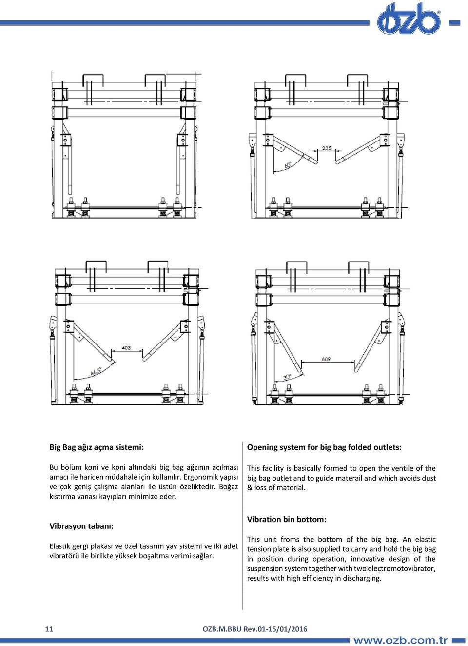 Opening system for big bag folded outlets: This facility is basically formed to open the ventile of the big bag outlet and to guide materail and which avoids dust & loss of material.