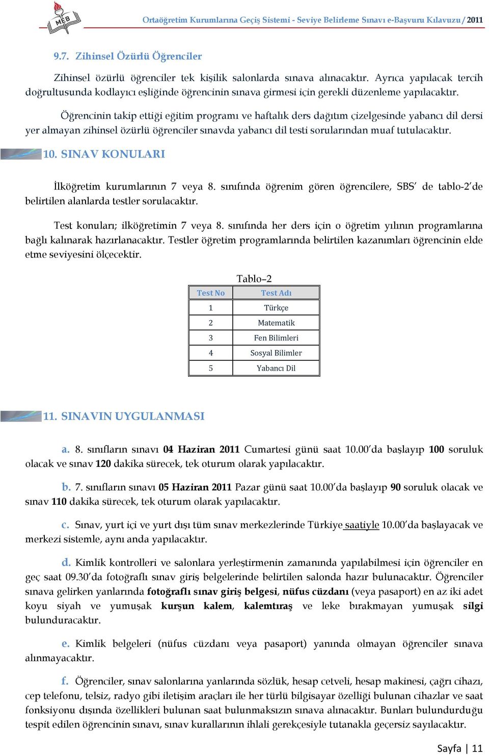 Öğrencinin takip ettiği eğitim programı ve haftalık ders dağıtım çizelgesinde yabancı dil dersi yer almayan zihinsel özürlü öğrenciler sınavda yabancı dil testi sorularından muaf tutulacaktır. 10.