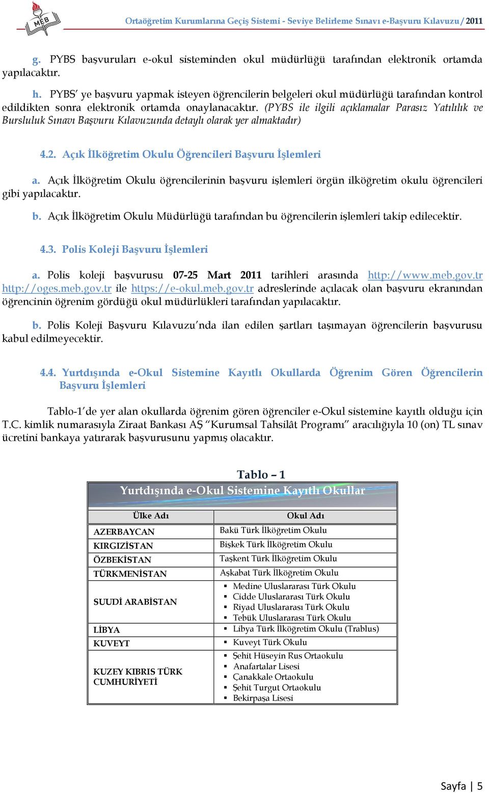 (PYBS ile ilgili açıklamalar Parasız Yatılılık ve Bursluluk Sınavı Başvuru Kılavuzunda detaylı olarak yer almaktadır) 4.2. Açık İlköğretim Okulu Öğrencileri Başvuru İşlemleri a.