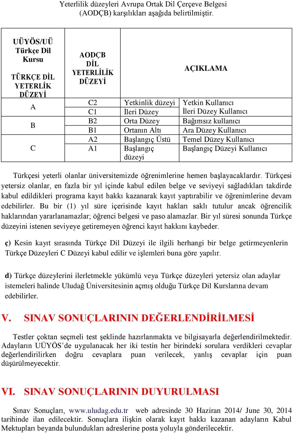 kullanıcı B1 Ortanın Altı Ara Düzey Kullanıcı A2 Başlangıç Üstü Temel Düzey Kullanıcı A1 Başlangıç Başlangıç Düzeyi Kullanıcı düzeyi Türkçesi yeterli olanlar üniversitemizde öğrenimlerine hemen