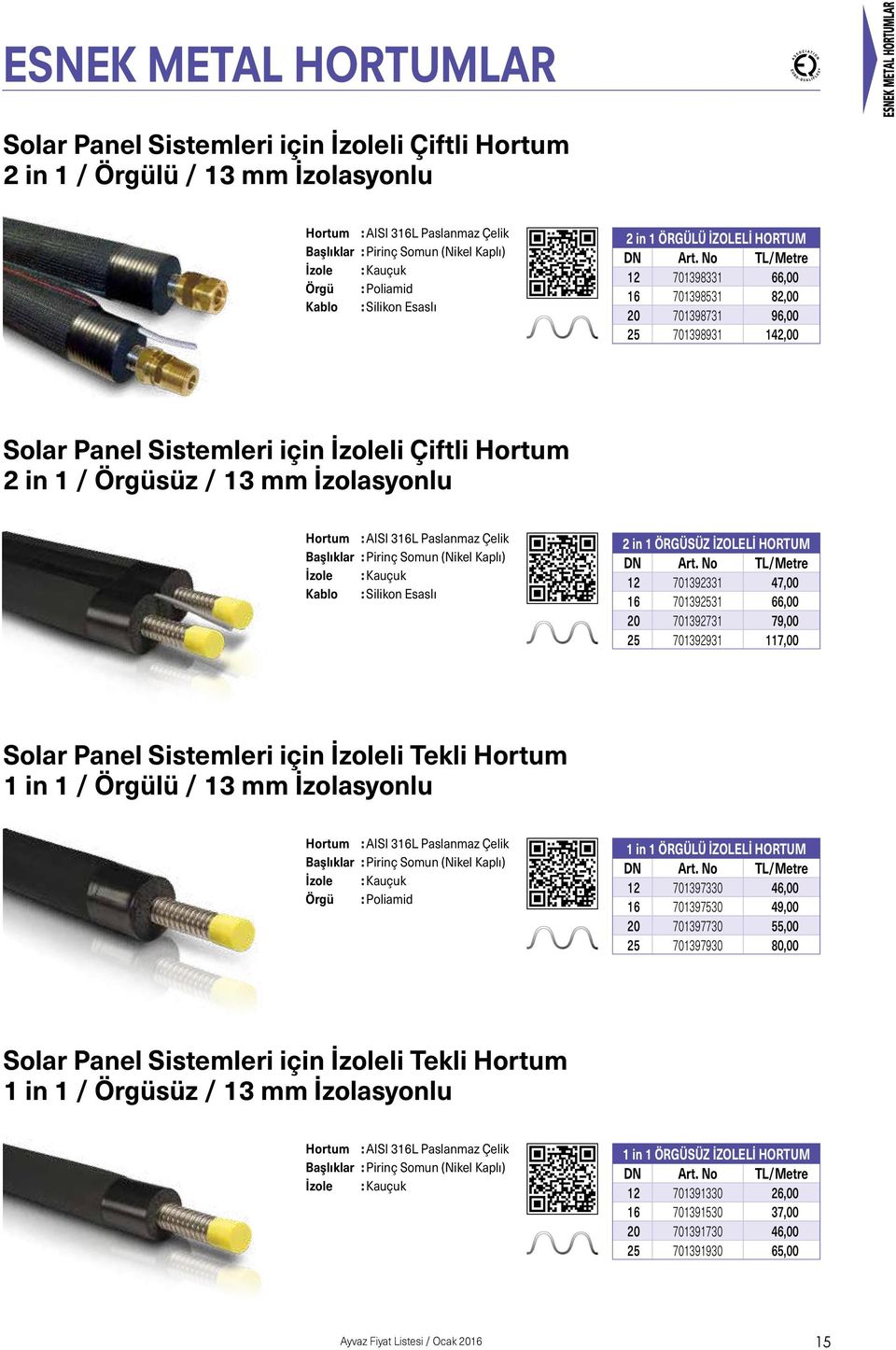 No TL/Metre 12 701398331 66,00 16 701398531 82,00 20 701398731 96,00 25 701398931 142,00 Solar Panel Sistemleri için İzoleli Çiftli Hortum 2 in 1 / Örgüsüz / 13 mm İzolasyonlu Hortum : AISI 316L