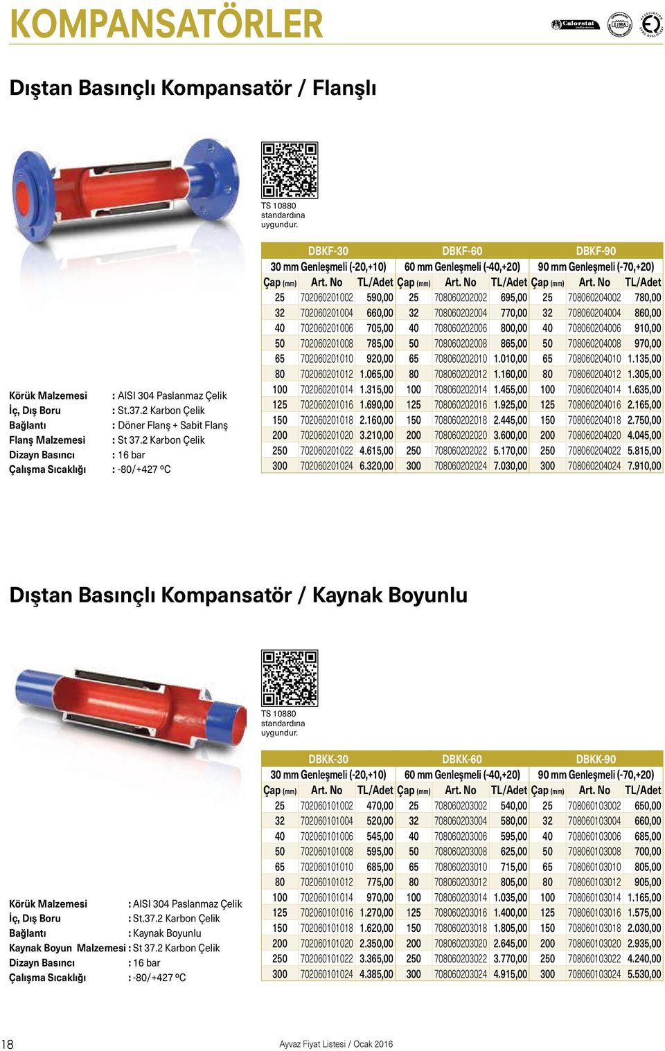 2 Karbon Çelik Dizayn Basıncı : 16 bar Çalışma Sıcaklığı : -80/+427 ºC DBKF-30 DBKF-60 DBKF-90 30 mm Genleşmeli (-20,+10) 60 mm Genleşmeli (-40,+20) 90 mm Genleşmeli (-70,+20) Çap (mm) Art.