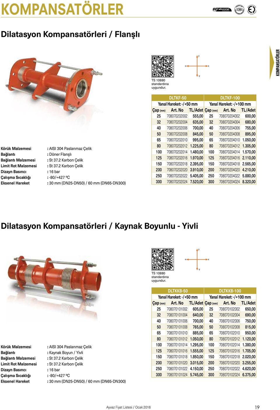 2 Karbon Çelik Dizayn Basıncı : 16 bar Çalışma Sıcaklığı : -80/+427 ºC Eksenel Hareket : 30 mm (DN25-DN50) / 60 mm (DN65-DN300) DLTKF-50 DLTKF-100 Yanal Hareket: -/+50 mm Yanal Hareket: -/+100 mm Çap