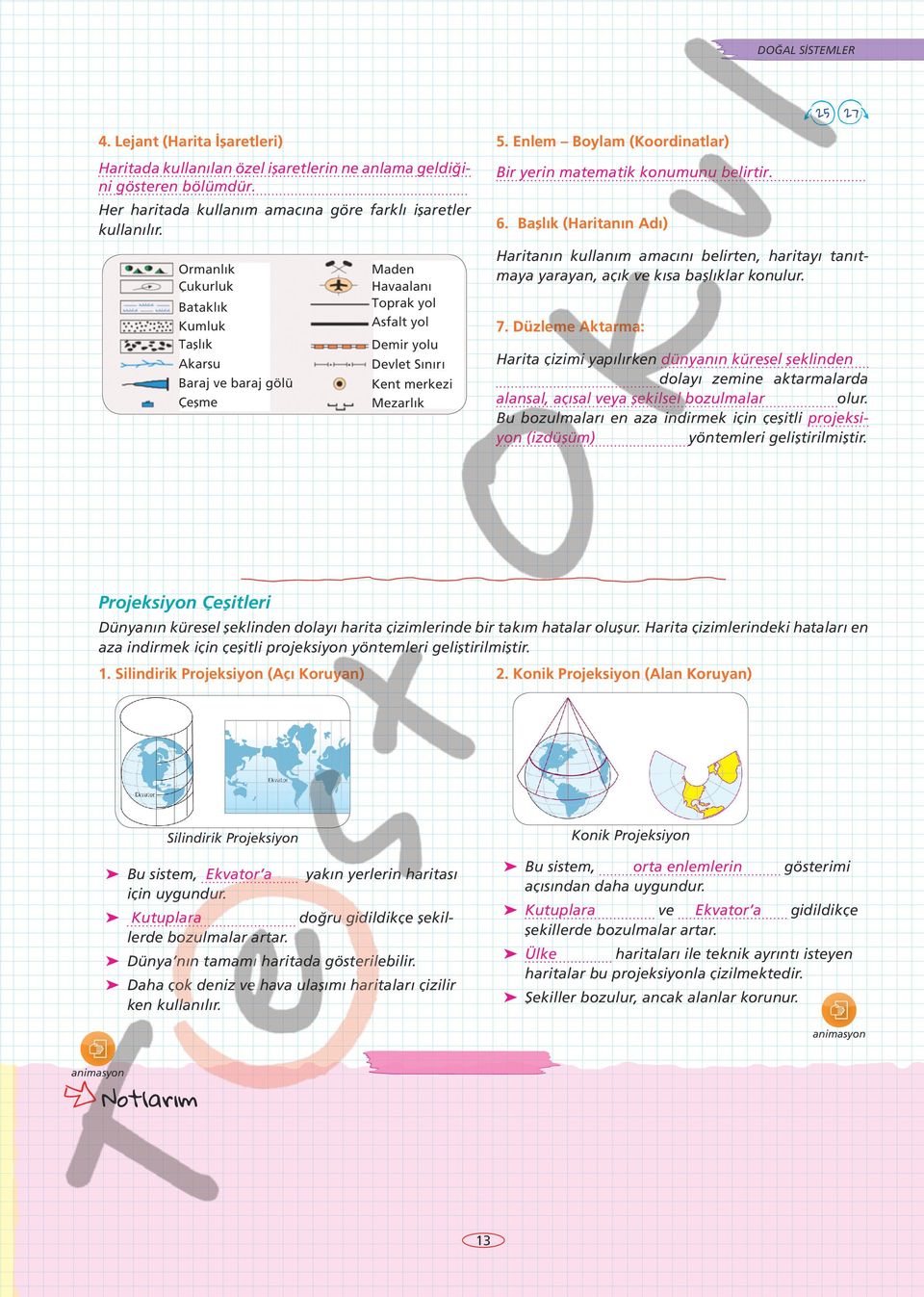 Enlem Boylam (Koordinatlar) Bir yerin matematik konumunu belirtir. 6. Başlık (Haritanın Adı) Haritanın kullanım amacını belirten, haritayı tanıtmaya yarayan, açık ve kısa başlıklar konulur. 7.