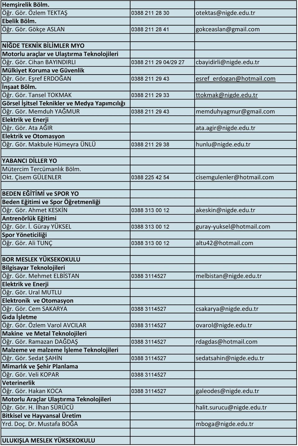 com İnşaat Bölm. Öğr. Gör. Tansel TOKMAK 0388 211 29 33 ttokmak@nigde.edu.tr Görsel İşitsel Teknikler ve Medya Yapımcılığı Öğr. Gör. Memduh YAĞMUR 0388 211 29 43 memduhyagmur@gmail.