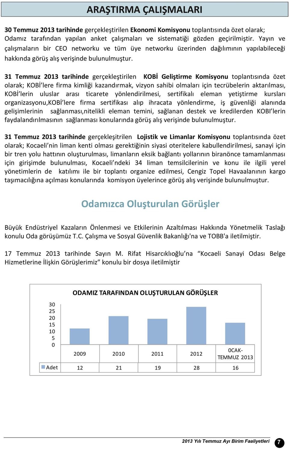 31 Temmuz 213 tarihinde gerçekleştirilen KOBİ Geliştirme Komisyonu toplantısında özet olarak; KOBİ lere firma kimliği kazandırmak, vizyon sahibi olmaları için tecrübelerin aktarılması, KOBİ lerin