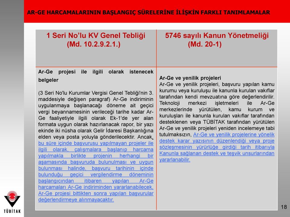 maddesiyle değişen paragraf) Ar-Ge indiriminin uygulanmaya başlanacağı döneme ait geçici vergi beyannamesinin verileceği tarihe kadar Ar- Ge faaliyetiyle ilgili olarak Ek-1'de yer alan formata uygun