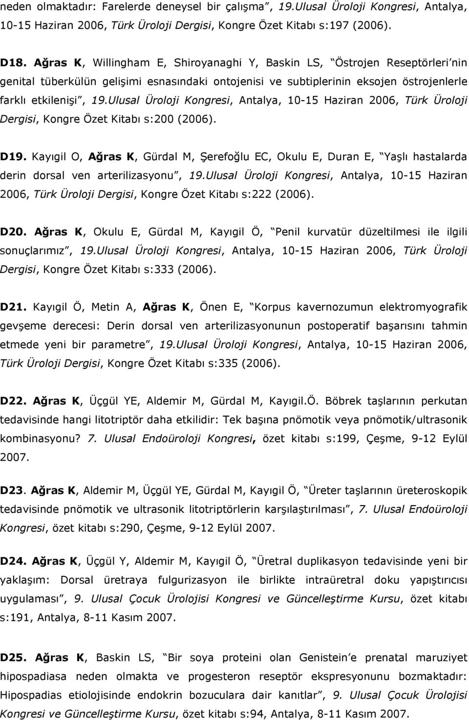 Ulusal Üroloji Kongresi, Antalya, 10-15 Haziran 2006, Türk Üroloji Dergisi, Kongre Özet Kitabı s:200 (2006). D19.