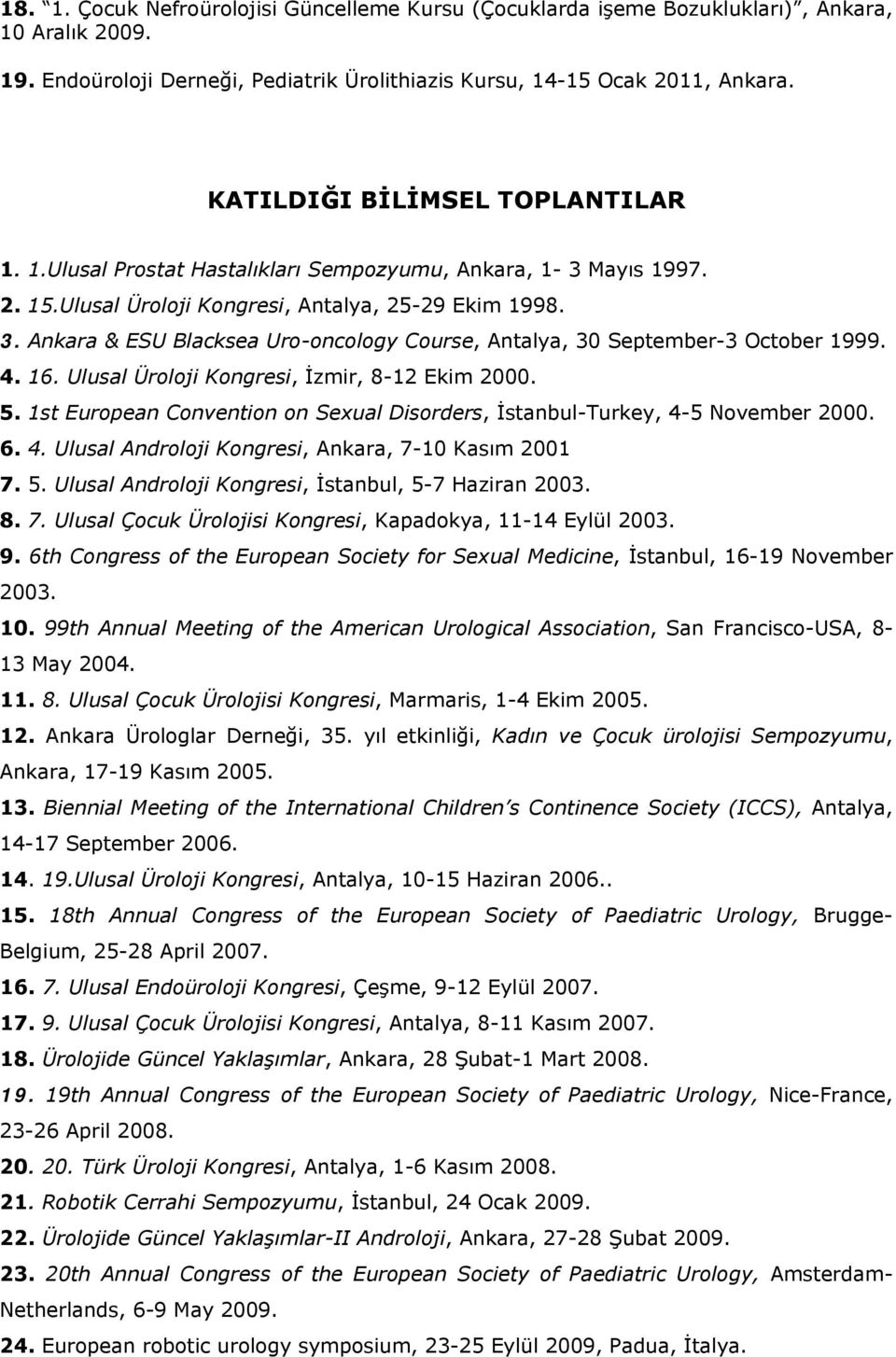 Ankara & ESU Blacksea Uro-oncology Course, Antalya, 30 September-3 October 1999. 4. 16. Ulusal Üroloji Kongresi, İzmir, 8-12 Ekim 2000. 5.