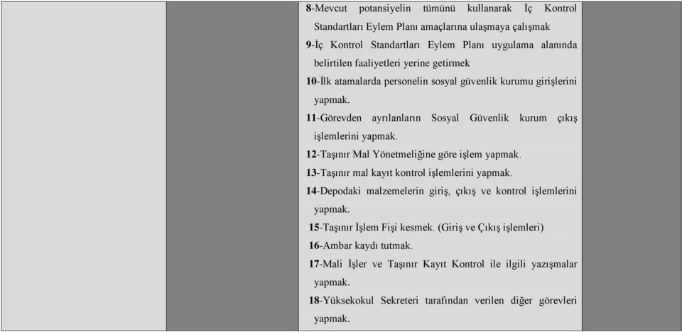 işlemlerini 12-Taşınır Mal Yönetmeliğine göre işlem 13-Taşınır mal kayıt kontrol işlemlerini 14-Depodaki malzemelerin giriş, çıkış ve kontrol işlemlerini 15-Taşınır