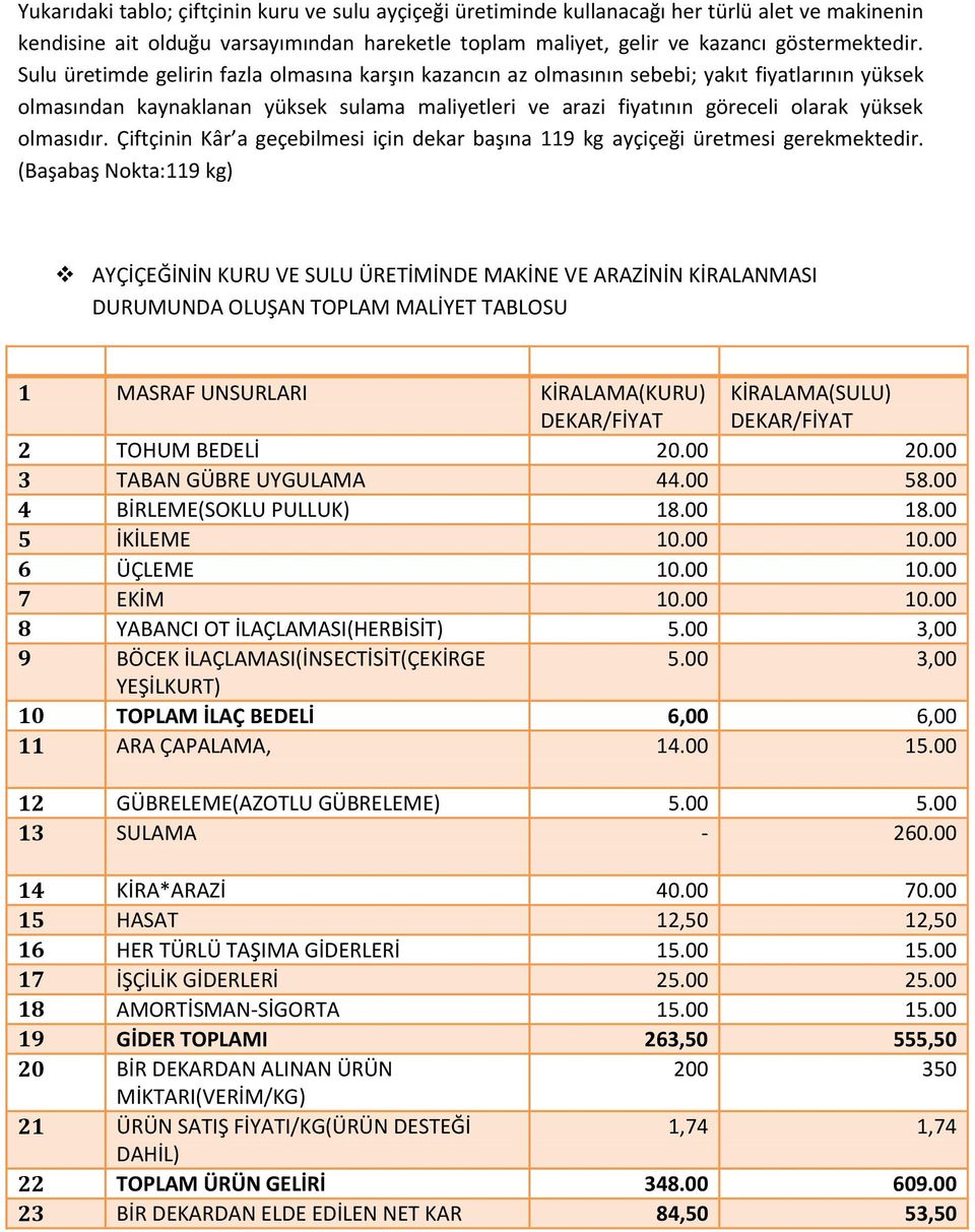 olmasıdır. Çiftçinin Kâr a geçebilmesi için dekar başına 119 kg ayçiçeği üretmesi gerekmektedir.