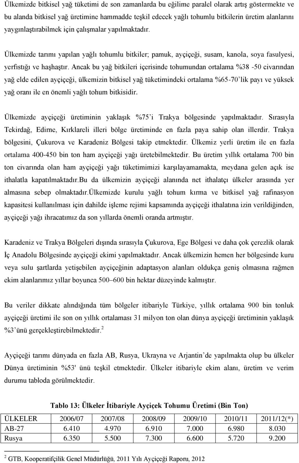 Ancak bu yağ bitkileri içerisinde tohumundan ortalama %38-50 civarından yağ elde edilen ayçiçeği, ülkemizin bitkisel yağ tüketimindeki ortalama %65-70 lik payı ve yüksek yağ oranı ile en önemli yağlı