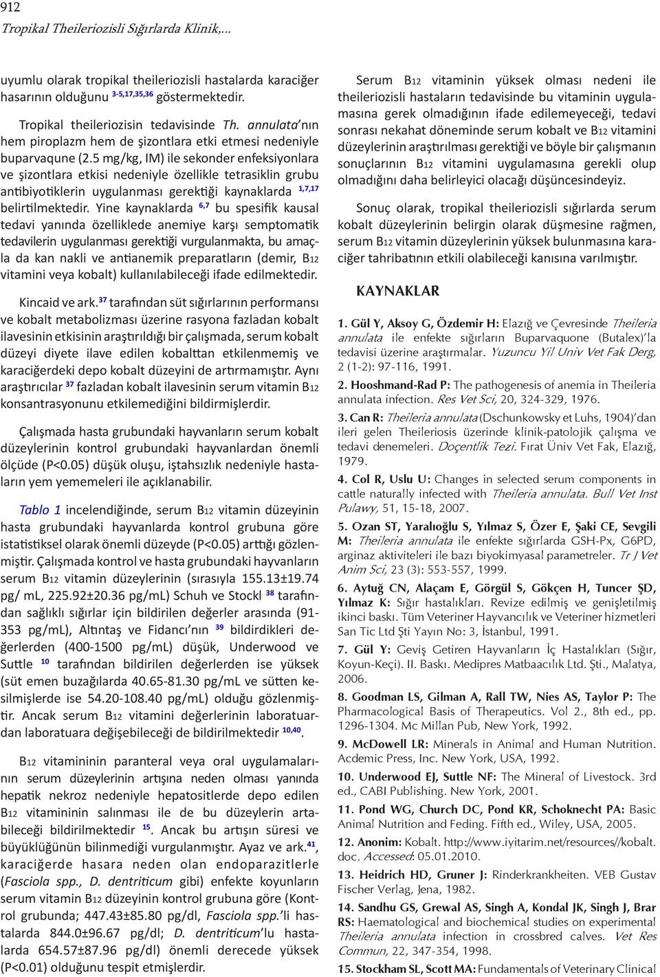 5 mg/kg, IM) ile sekonder enfeksiyonlara ve şizontlara etkisi nedeniyle özellikle tetrasiklin grubu antibiyotiklerin uygulanması gerektiği kaynaklarda 1,7,17 belirtilmektedir.