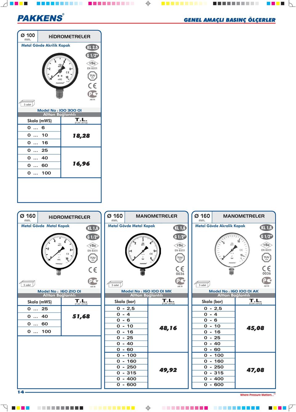 .. 100 18,28 16,96 HiDRMETRELER MANMETRELER MANMETRELER Akralik Kapak 14 Model No : 160 210 01