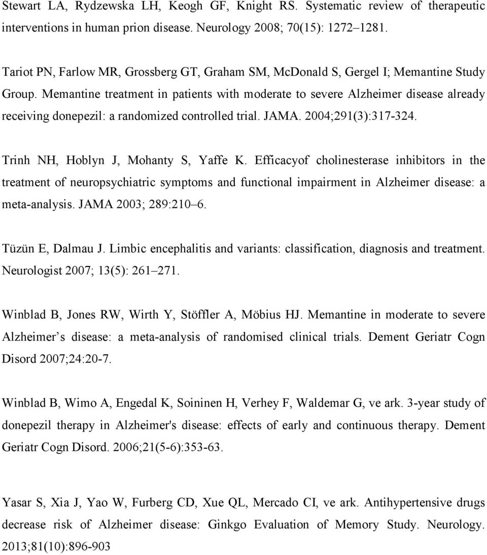 Memantine treatment in patients with moderate to severe Alzheimer disease already receiving donepezil: a randomized controlled trial. JAMA. 2004;291(3):317-324. Trinh NH, Hoblyn J, Mohanty S, Yaffe K.