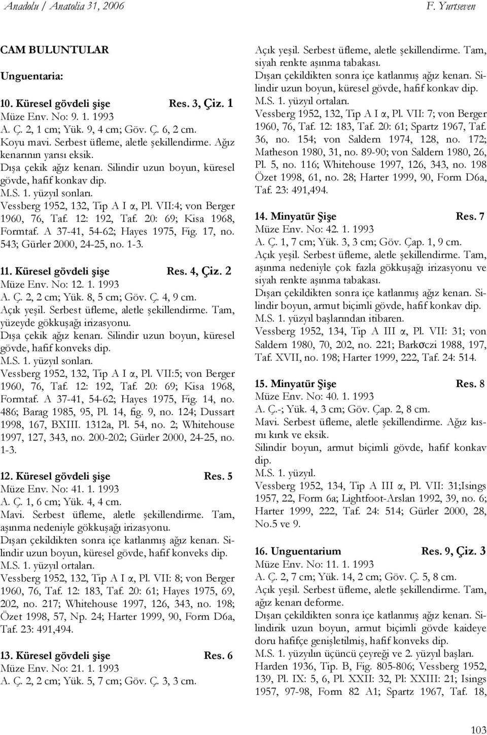 Vessberg 1952, 132, Tip A I α, Pl. VII:4; von Berger 1960, 76, Taf. 12: 192, Taf. 20: 69; Kisa 1968, Formtaf. A 37-41, 54-62; Hayes 1975, Fig. 17, no. 543; Gürler 2000, 24-25, no. 1-3. 11.