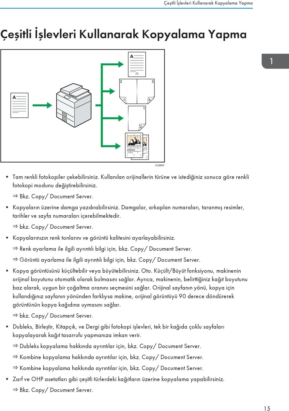 Damgalar, arkaplan numaraları, taranmış resimler, tarihler ve sayfa numaraları içerebilmektedir. bkz. Copy/ Document Server. Kopyalarınızın renk tonlarını ve görüntü kalitesini ayarlayabilirsiniz.