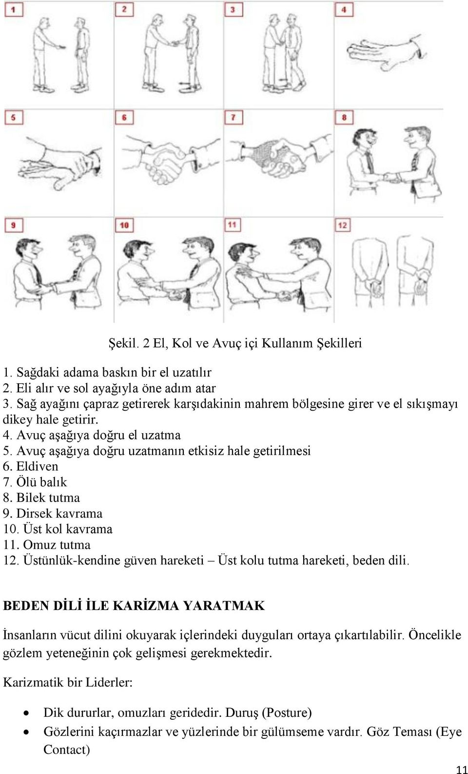 Eldiven 7. Ölü balık 8. Bilek tutma 9. Dirsek kavrama 10. Üst kol kavrama 11. Omuz tutma 12. Üstünlük-kendine güven hareketi Üst kolu tutma hareketi, beden dili.