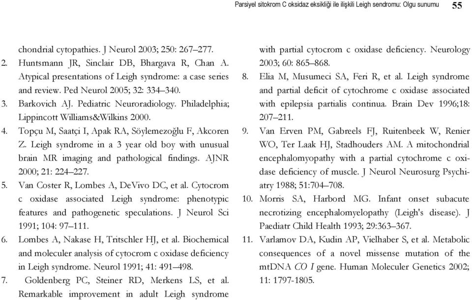 Topçu M, Saatçi I, Apak RA, Söylemezoğlu F, Akcoren Z. Leigh syndrome in a 3 year old boy with unusual brain MR imaging and pathological findings. AJNR 2000; 21: 224 227. 5.