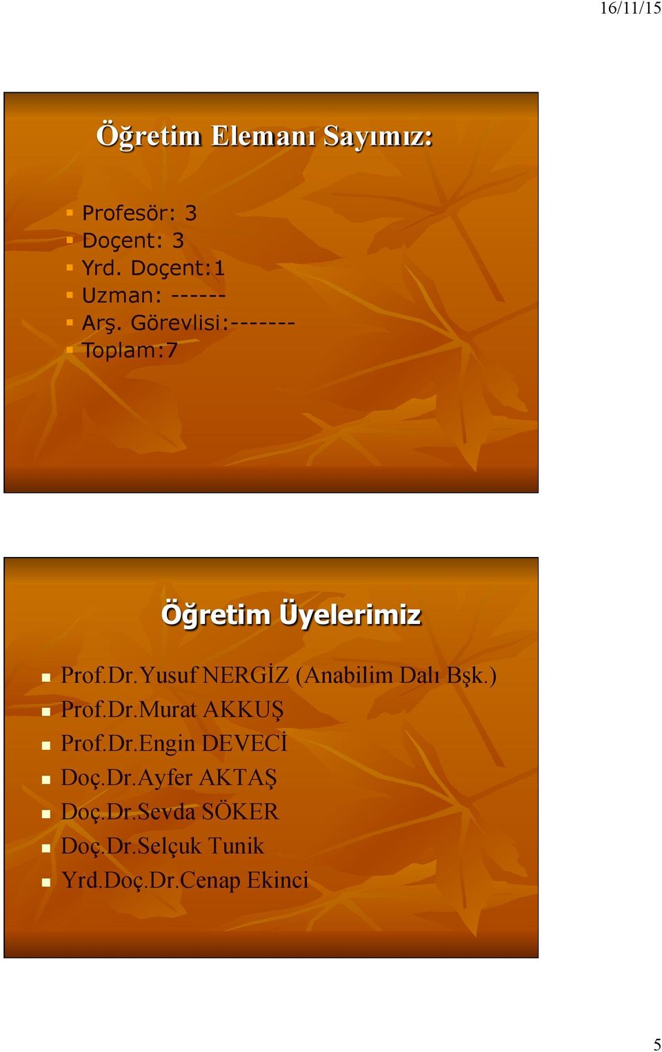 Görevlisi:------- Toplam:7 Öğretim Üyelerimiz Prof.Dr.