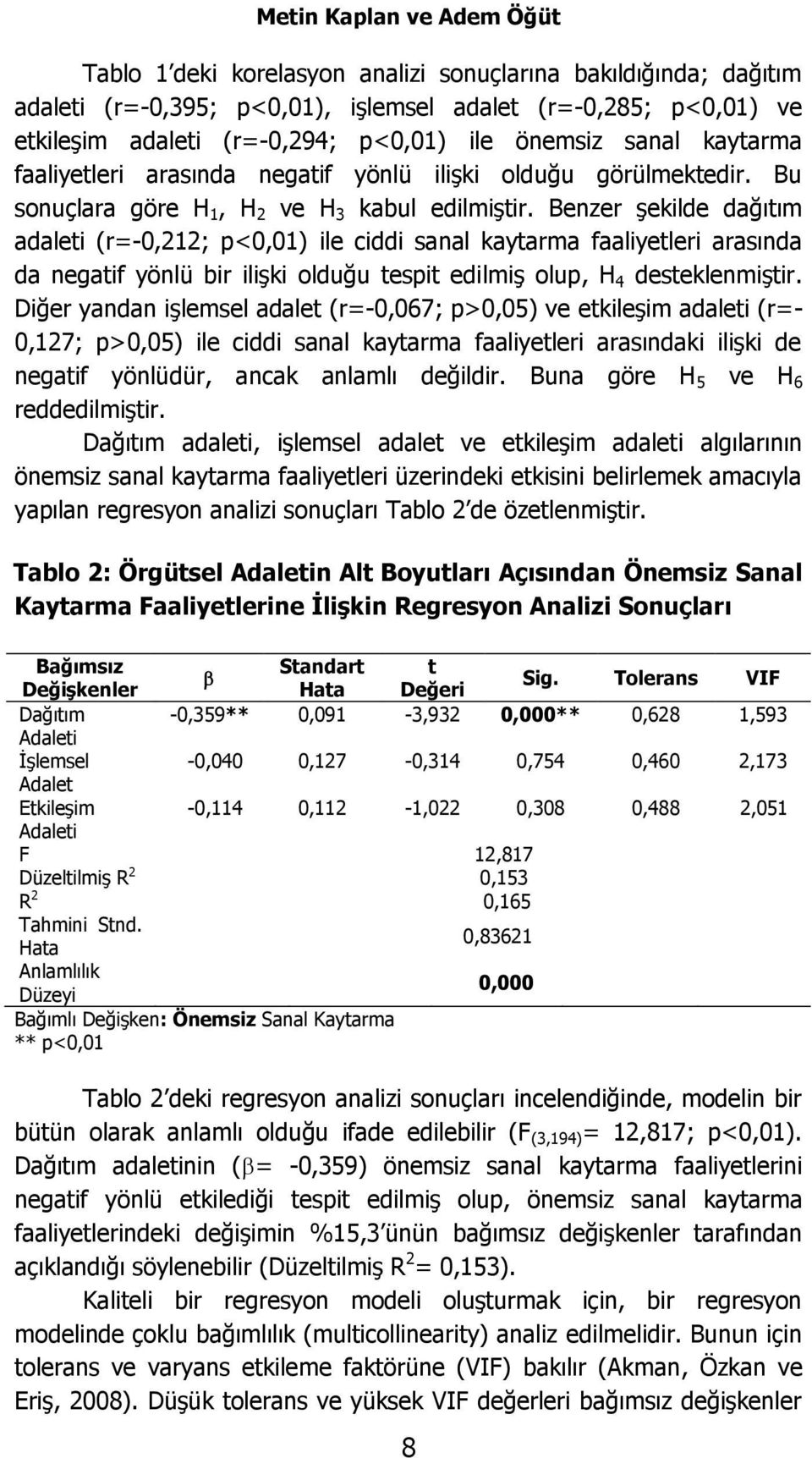 Benzer şekilde dağıtım adaleti (r=-0,212; p<0,01) ile ciddi sanal kaytarma faaliyetleri arasında da negatif yönlü bir ilişki olduğu tespit edilmiş olup, H 4 desteklenmiştir.