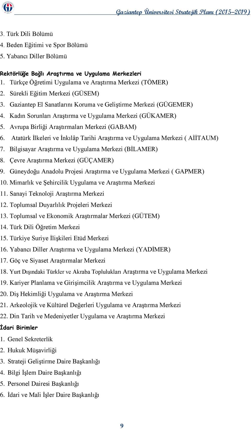 Avrupa Birliği Araştırmaları Merkezi (GABAM) 6. Atatürk İlkeleri ve İnkılâp Tarihi Araştırma ve Uygulama Merkezi ( AİİTAUM) 7. Bilgisayar Araştırma ve Uygulama Merkezi (BİLAMER) 8.