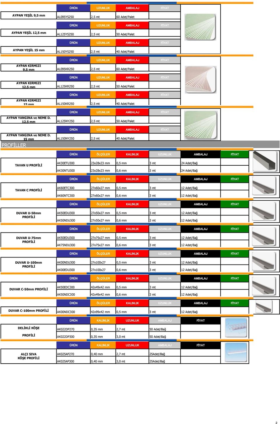 15 mm AL150NY250 2,5 mt 40 Adet/Palet PROFİLLER TAVAN U AK30ETU300 23x28x23 mm 0,5 mm 3 mt 24 Adet/Bağ AK30NTU300 23x28x23 mm 0,6 mm 3 mt 24 Adet/Bağ TAVAN C AK60ETC300 27x60x27 mm 0,5 mm 3 mt 12