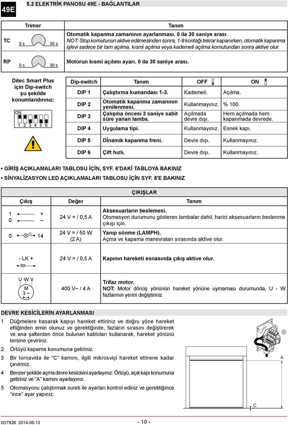 olur. RP s 3 s Motorun kısmi açılımı ayarı. ila 3 saniye arası. Ditec Smart Plus için Dip-switch şu şekilde konumlandırınız: ON 2 3 4 5 6 Dip-switch anım OFF ON DIP Çalıştırma kumandası -3. Kademeli.