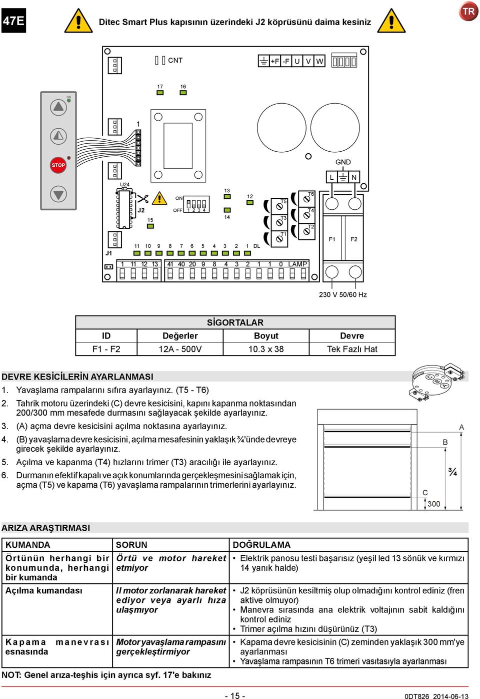 ahrik motoru üzerindeki () devre kesicisini, kapını kapanma noktasından 2/3 mm mesafede durmasını sağlayacak şekilde ayarlayınız. 3. (A) açma devre kesicisini açılma noktasına ayarlayınız. 4.