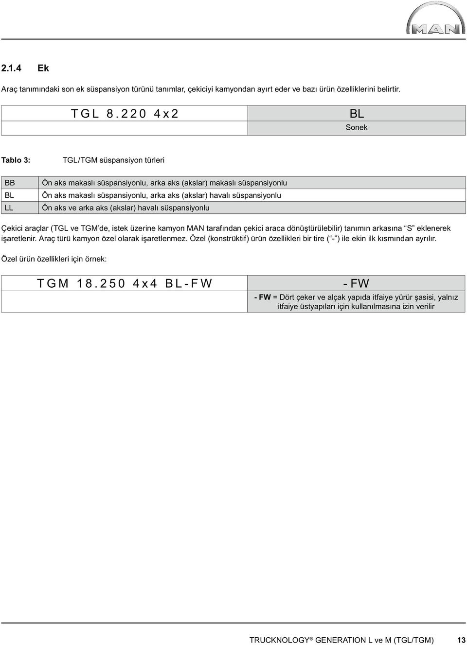 süspansiyonlu Ön aks ve arka aks (akslar) havalı süspansiyonlu Çekici araçlar (TGL ve TGM de, istek üzerine kamyon MAN tarafından çekici araca dönüştürülebilir) tanımın arkasına S eklenerek