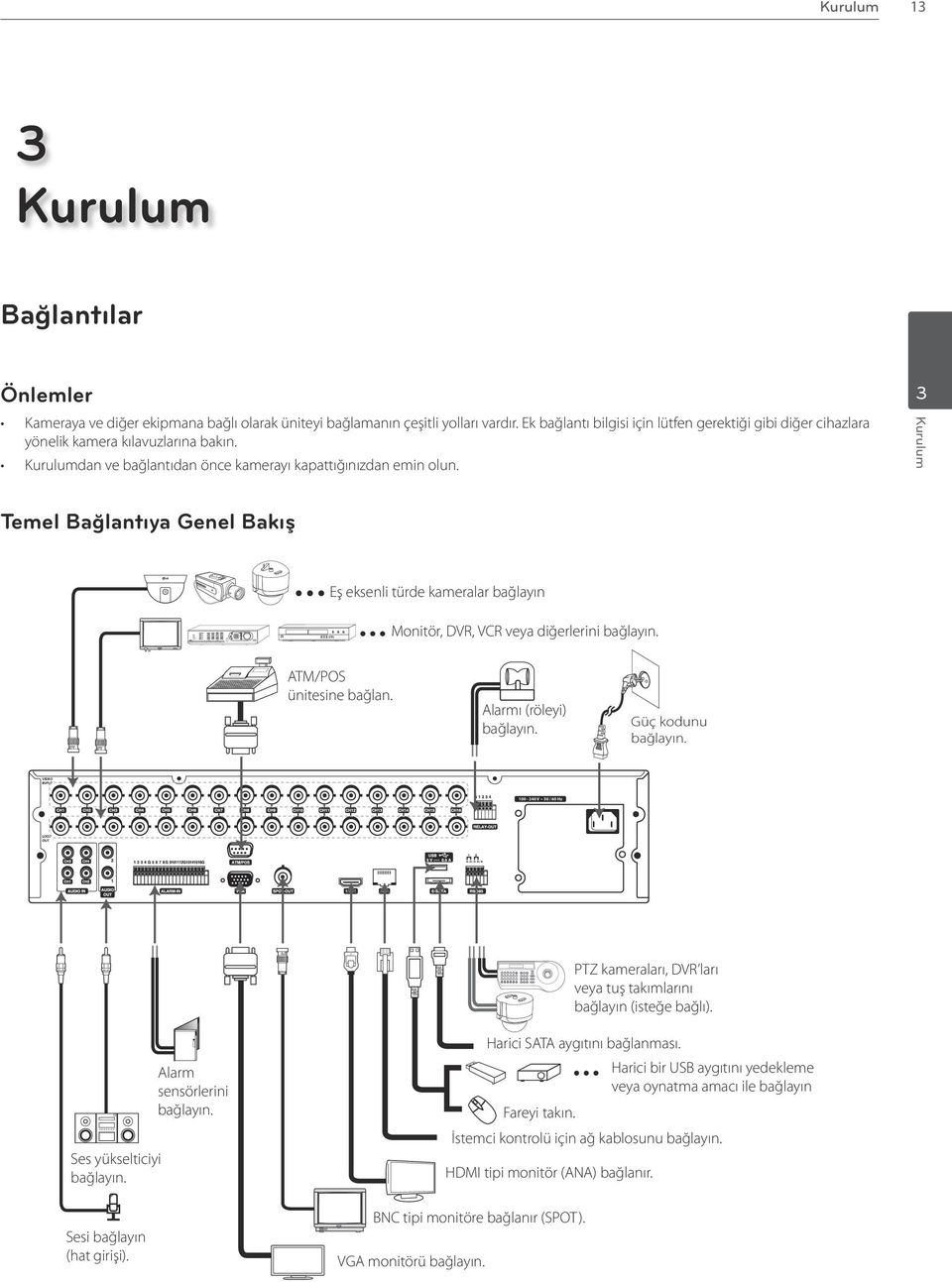 Kurulum Temel Bağlantıya Genel Bakış Eş eksenli türde kameralar bağlayın Monitör, DVR, VCR veya diğerlerini bağlayın. ATM/POS ünitesine bağlan. Alarmı (röleyi) bağlayın. Güç kodunu bağlayın.