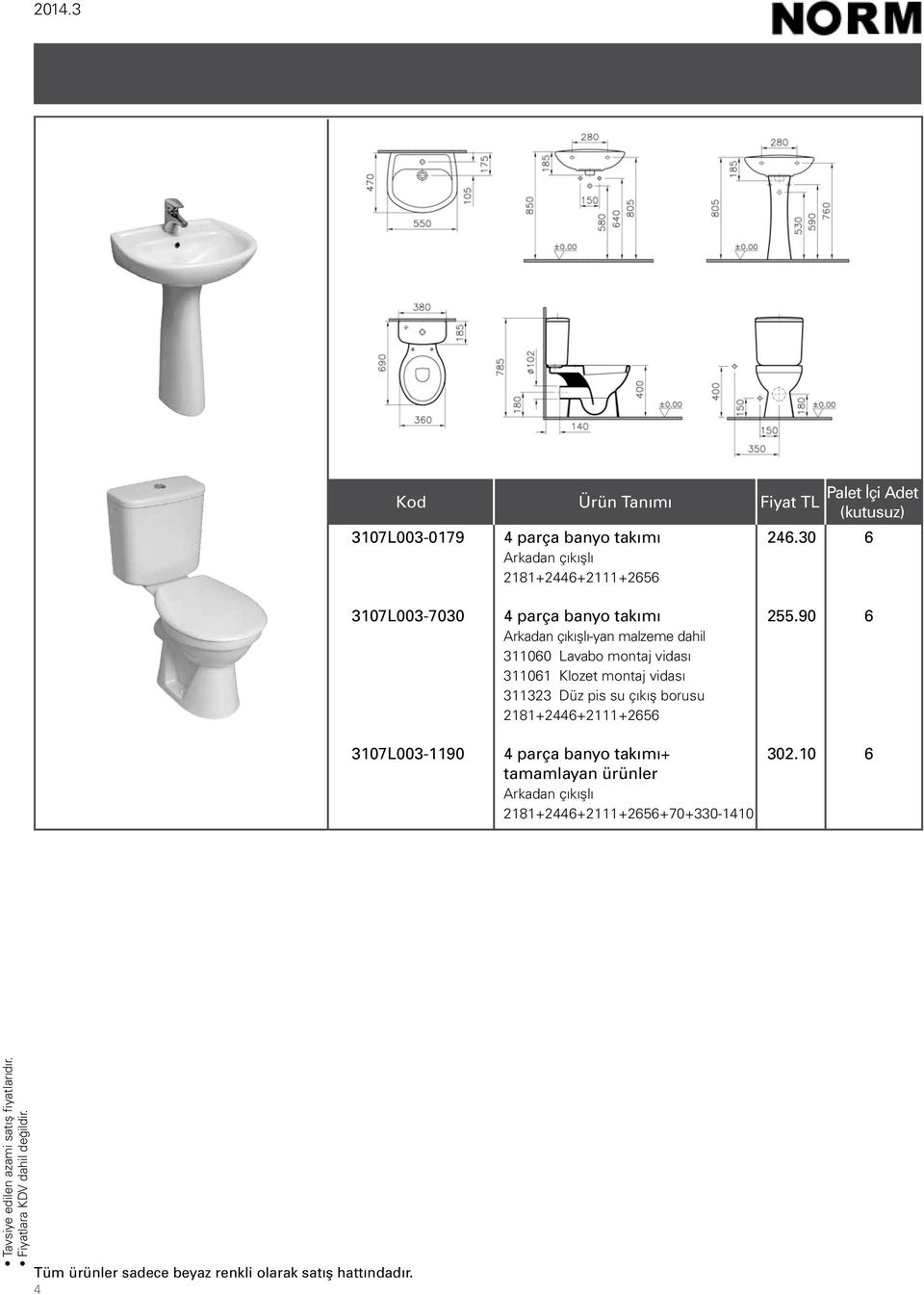 90 6 Arkadan çıkışlı-yan malzeme dahil 311060 Lavabo montaj vidası 311061 Klozet montaj vidası