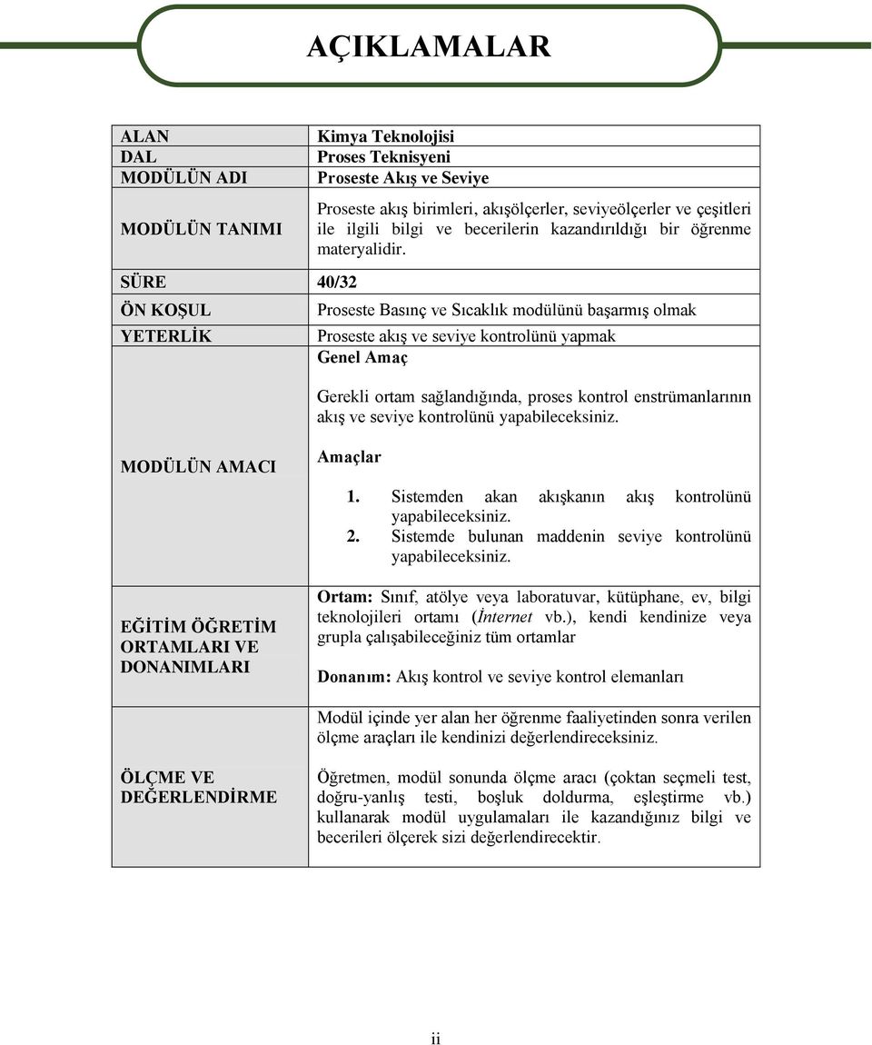 SÜRE 40/32 ÖN KOŞUL YETERLİK Proseste Basınç ve Sıcaklık modülünü başarmış olmak Proseste akış ve seviye kontrolünü yapmak Genel Amaç Gerekli ortam sağlandığında, proses kontrol enstrümanlarının akış