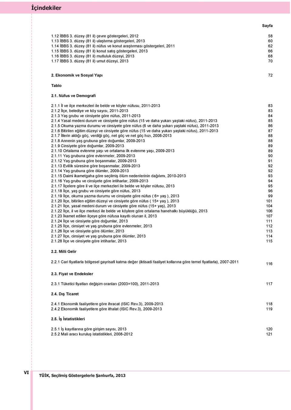 düzey (81 il) umut düzeyi, 2013 70 Sayfa 2. Ekonomik ve Sosyal Yap 72 Tablo 2.1. Nüfus ve Demografi 2.1.1 İl ve ilçe merkezleri ile belde ve köyler nüfusu, 2011-2013 83 2.1.2 İlçe, belediye ve köy say s, 2011-2013 83 2.