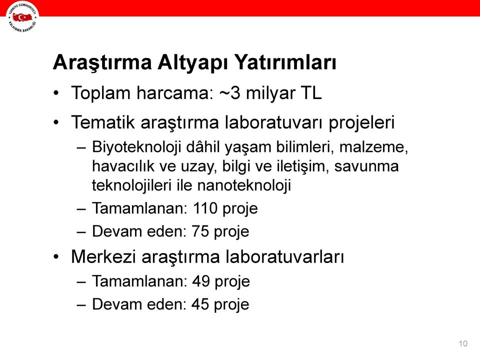 uzay, bilgi ve iletişim, savunma teknolojileri ile nanoteknoloji Tamamlanan: 110 proje