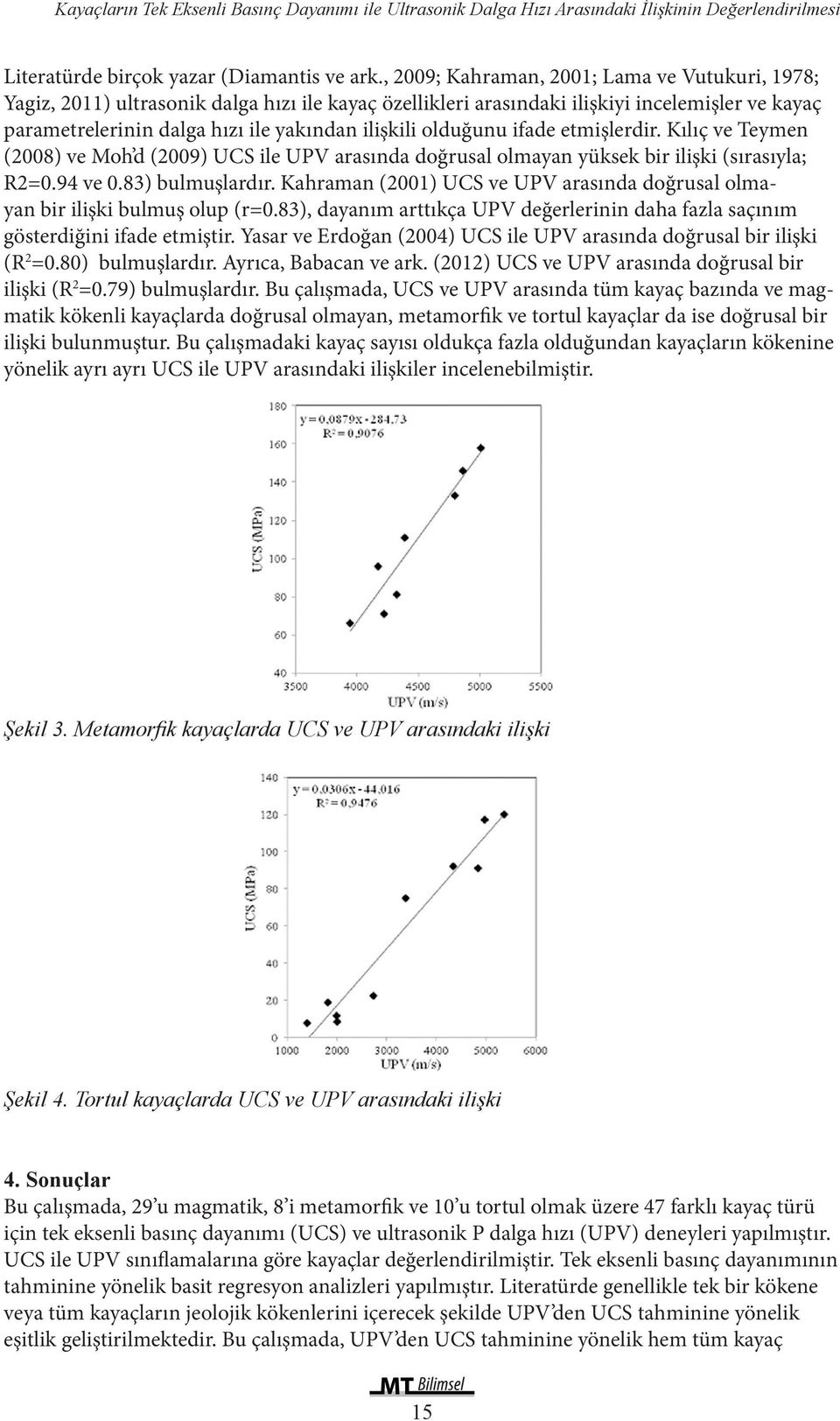 olduğunu ifade etmişlerdir. Kılıç ve Teymen (2008) ve Moh d (2009) UCS ile UPV arasında doğrusal olmayan yüksek bir ilişki (sırasıyla; R2=0.94 ve 0.83) bulmuşlardır.