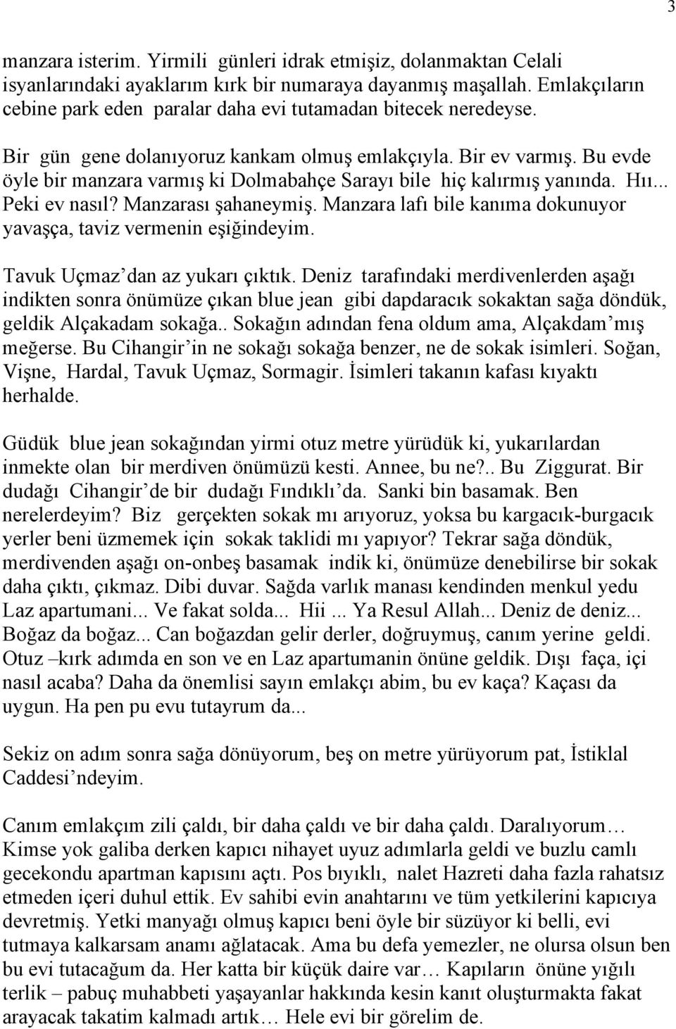 Bu evde öyle bir manzara varmış ki Dolmabahçe Sarayı bile hiç kalırmış yanında. Hıı... Peki ev nasıl? Manzarası şahaneymiş. Manzara lafı bile kanıma dokunuyor yavaşça, taviz vermenin eşiğindeyim.