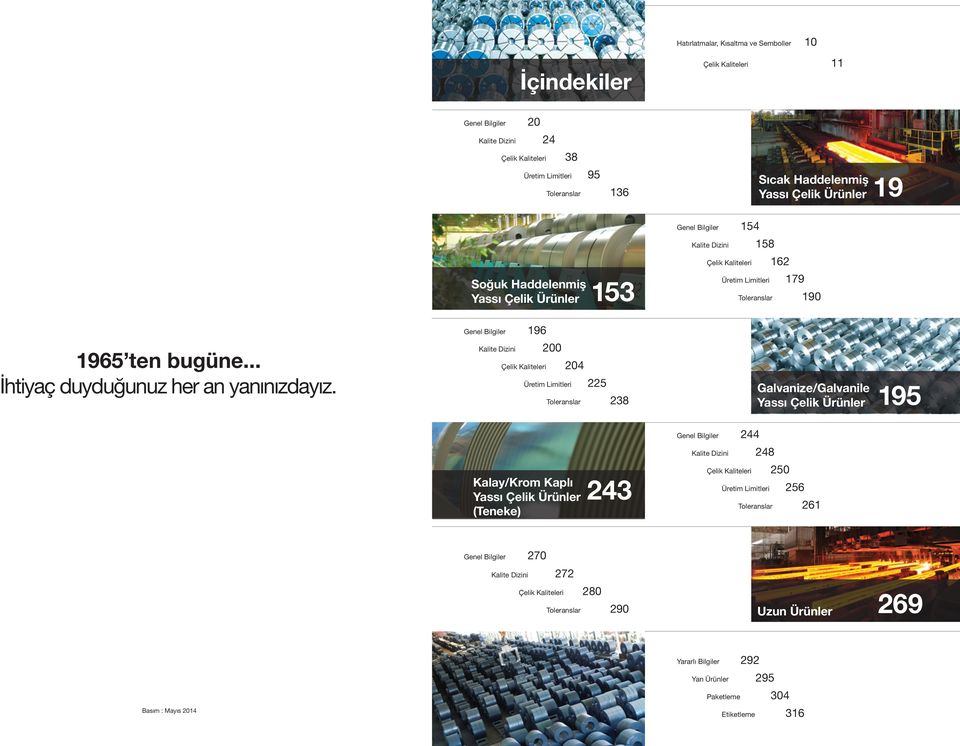 Dizini 200 Çelik leri 204 Üretim Limitleri 225 Toleranslar 238 Galvanize/Galvanile 195 Kalay/Krom Kaplı (Teneke) 243 Genel Bilgiler 244 Dizini 248 Çelik leri 250 Üretim